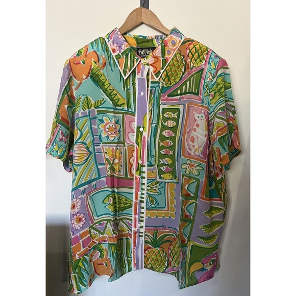 NWT Bob Mackie Multicolored 100% Silk Short Sleeve Button Down Blouse Size 2X - Picture 1 of 9